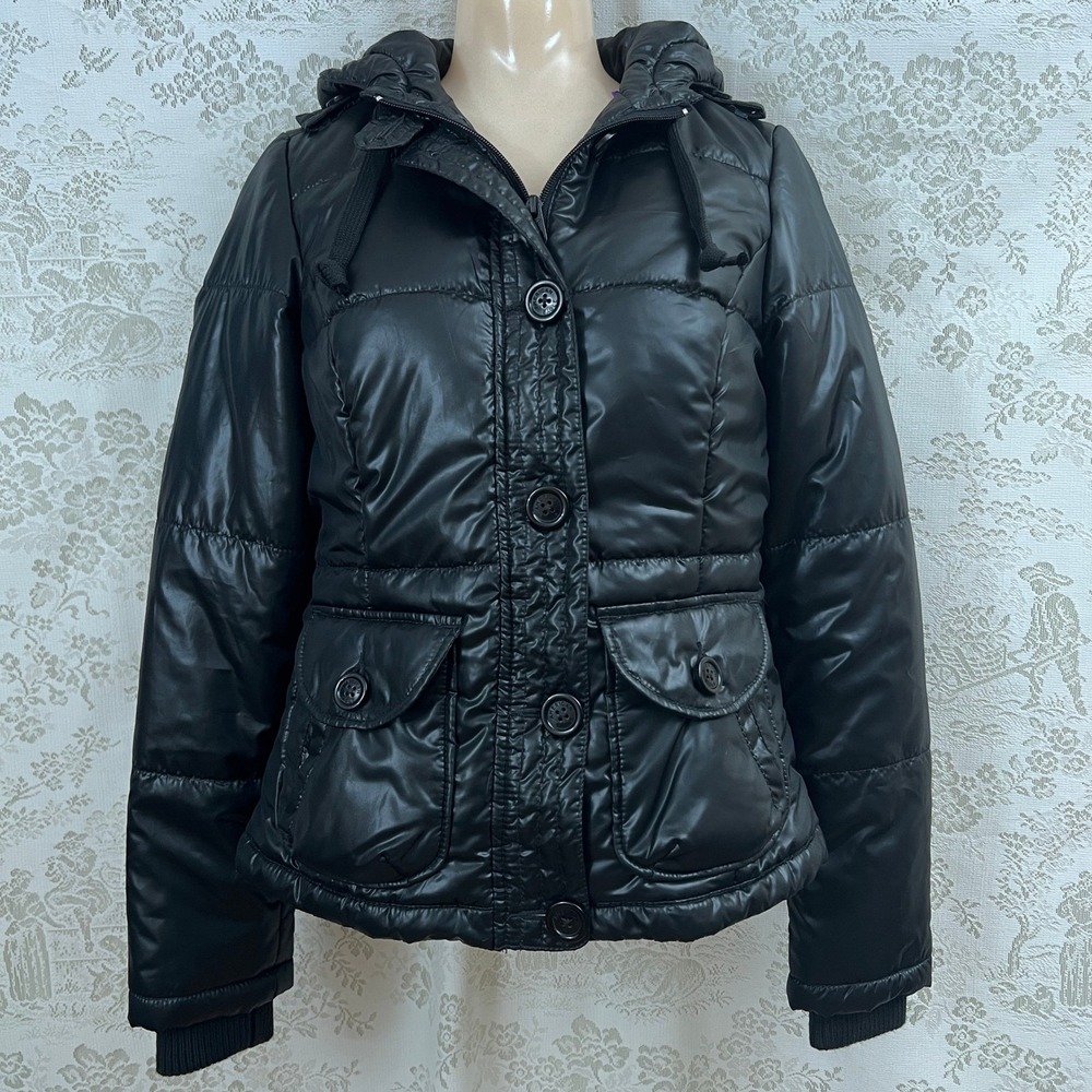 American Eagle Puffer Jacket Y2K Preppy Glam Shiny Black Blue Padded Hooded Coat
